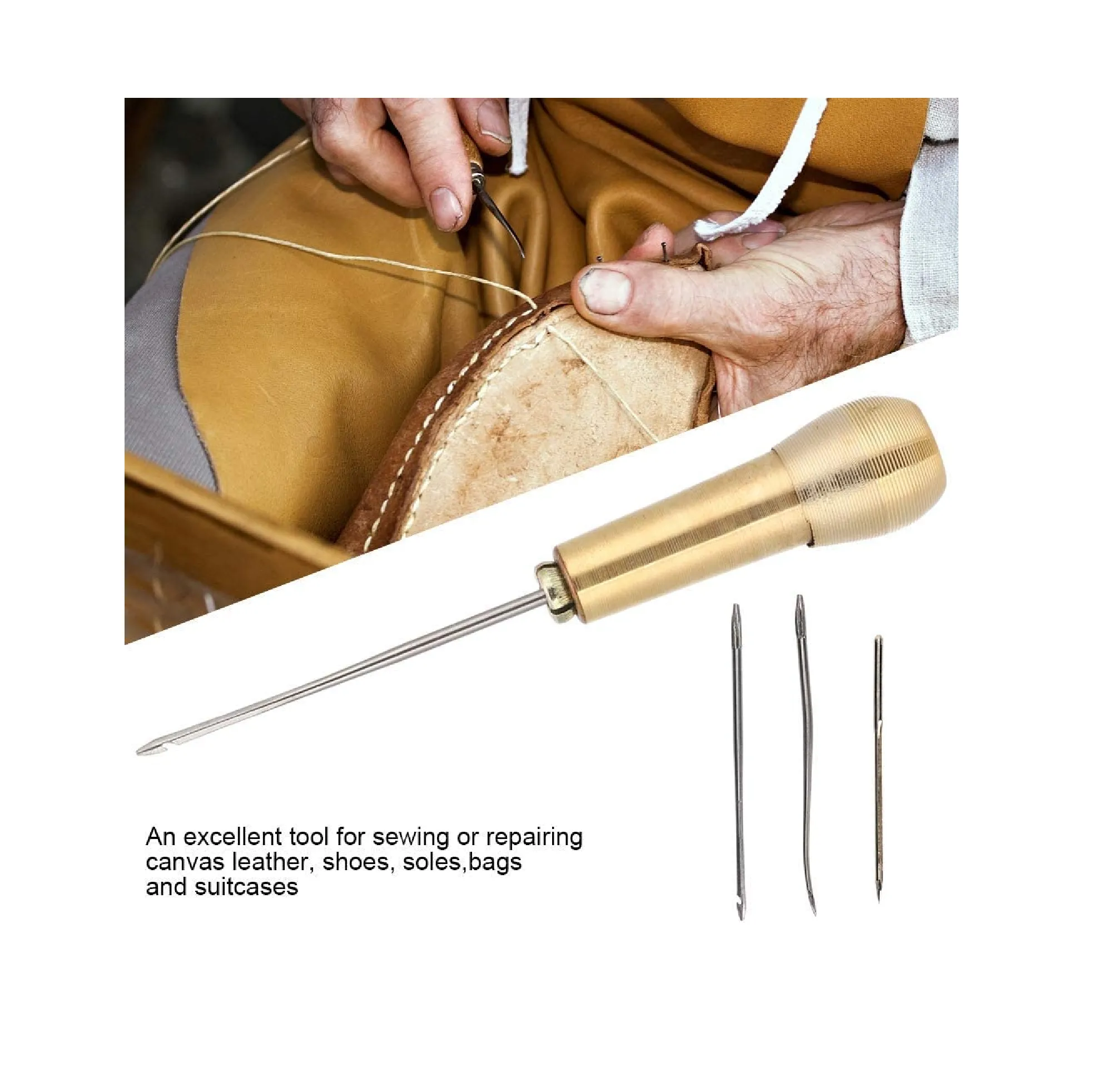 2pcs Leather Sewing Awl Needle with Copper Handle 6 Needles Sewing Awl Hand Stitcher Shoe Repair Tool Kit for Handmade Leather Sewing Tools Shoe and Leather Repair