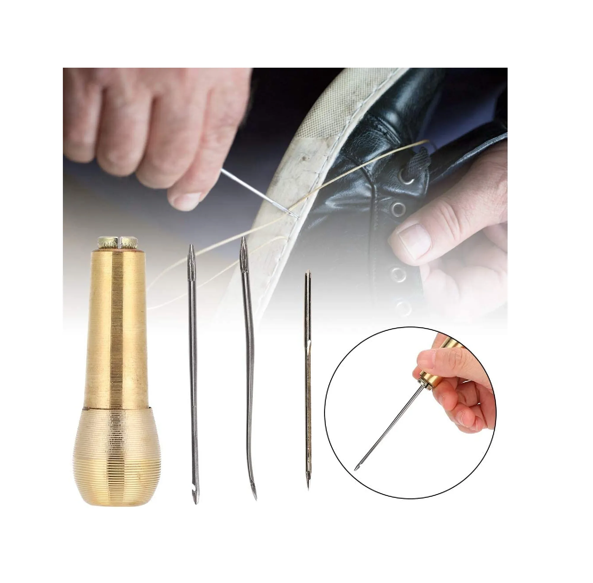 2pcs Leather Sewing Awl Needle with Copper Handle 6 Needles Sewing Awl Hand Stitcher Shoe Repair Tool Kit for Handmade Leather Sewing Tools Shoe and Leather Repair