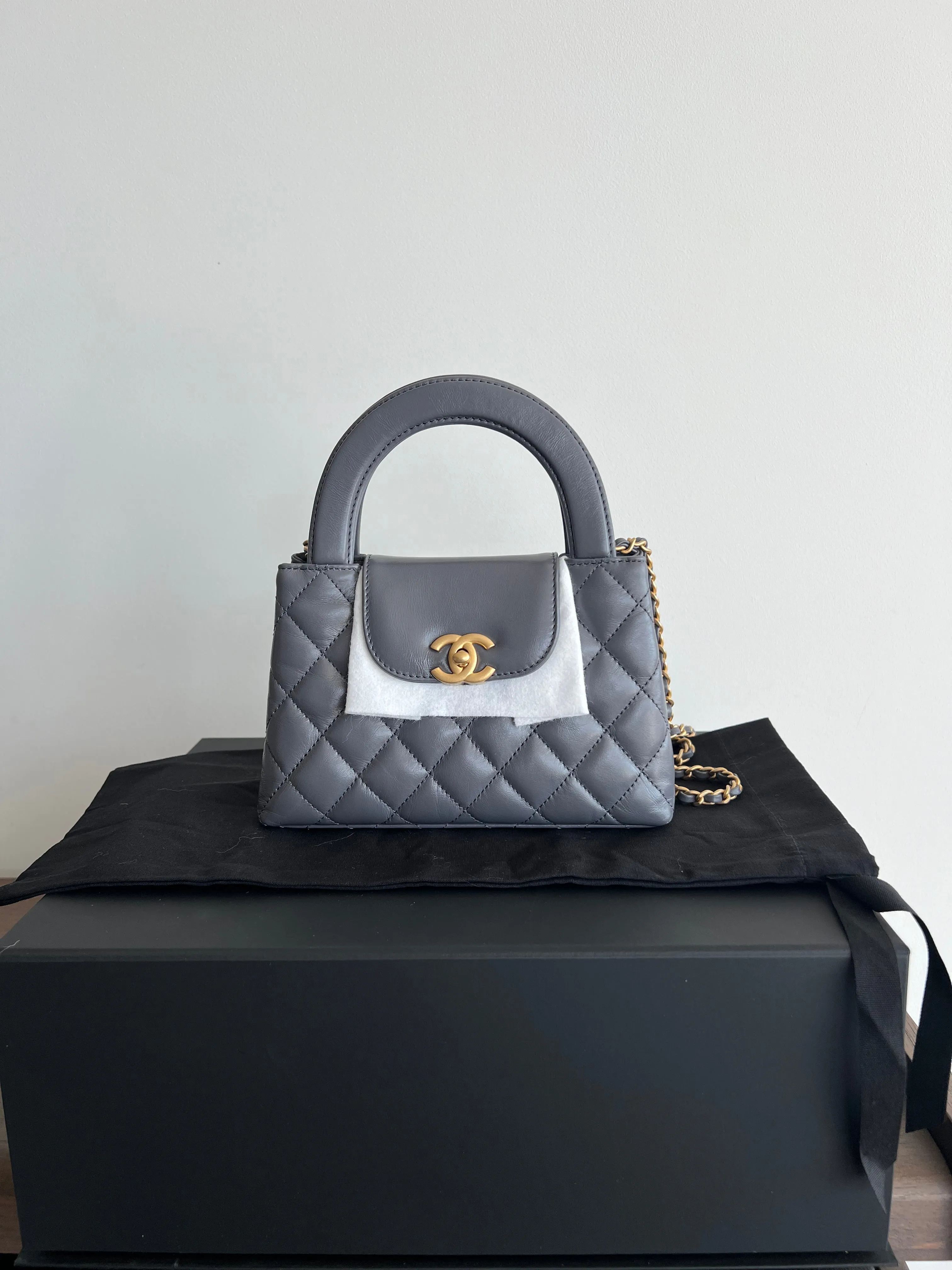 Chanel Kelly Shopping Bag Shiny Aged Calfskin & Gold Hardware Grey (Mini)