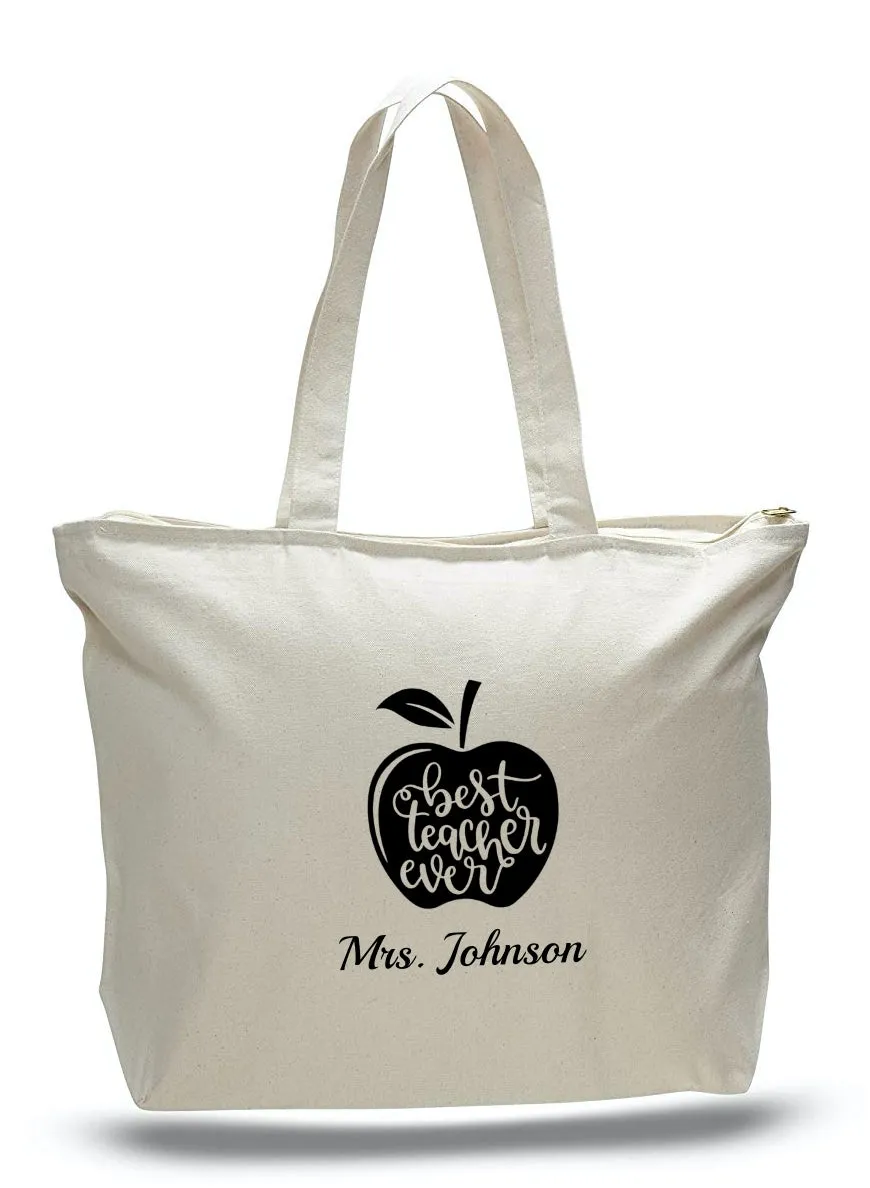 Personalized Teacher Tote Bags with Zipper, Teachers Gifts, Large Canvas Totes TE100