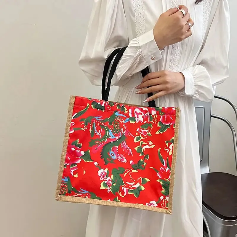 UAKISS  -  Ethnic Style Women Shoulder Bag Fashion Canvas Large Capacity Shopping Bag Handbag Colorful Embroidered Tote Bags