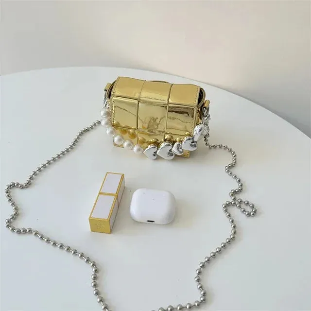 UAKISS  -  Mini Sweet Y2k Aesthetic Elegant Women's Handbags Kawaii Heart Pearl Chain Shoulder Crossbody Bags Korean Chic Fashion Clutches