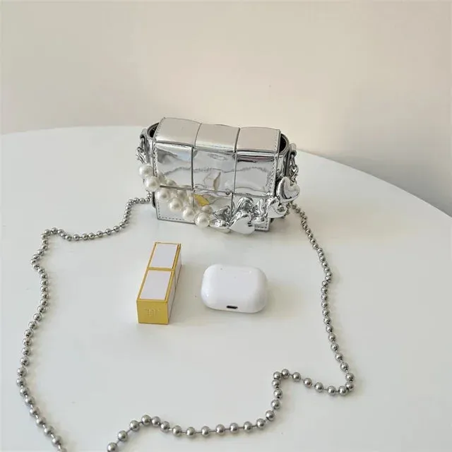 UAKISS  -  Mini Sweet Y2k Aesthetic Elegant Women's Handbags Kawaii Heart Pearl Chain Shoulder Crossbody Bags Korean Chic Fashion Clutches
