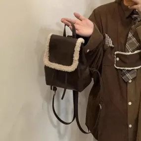 UAKISS  -  Patchwork Fluffy Fashion Mini Backpack Korean Ins Simple All Match Women's Bags Girls Y2k Aesthetic Casual Chic Backpacks Trendy