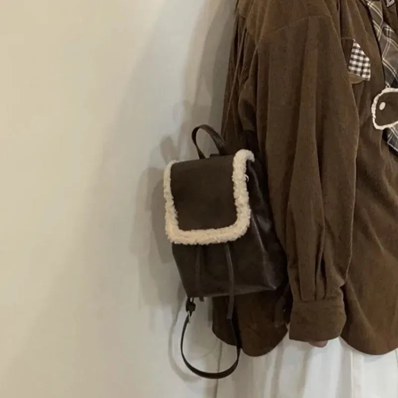 UAKISS  -  Patchwork Fluffy Fashion Mini Backpack Korean Ins Simple All Match Women's Bags Girls Y2k Aesthetic Casual Chic Backpacks Trendy