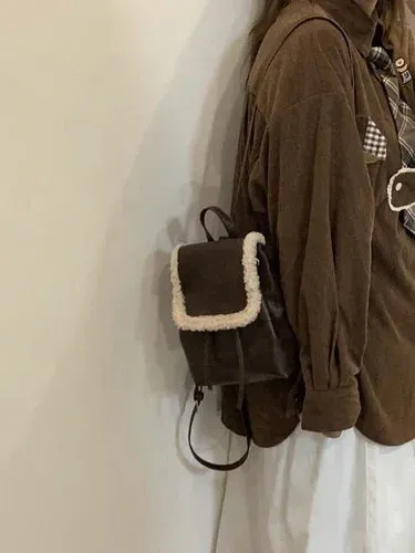 UAKISS  -  Patchwork Fluffy Fashion Mini Backpack Korean Ins Simple All Match Women's Bags Girls Y2k Aesthetic Casual Chic Backpacks Trendy