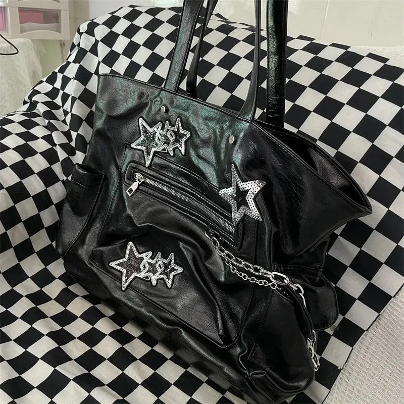 Uakiss PU Soft Leather Fashion Chain Handbags Women Y2k Aesthetic Star Sequined Shoulder Bags Vintage Streetwear Underarm Bag All Match