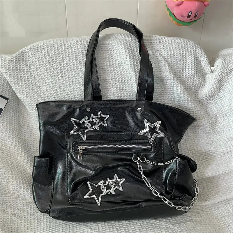Uakiss PU Soft Leather Fashion Chain Handbags Women Y2k Aesthetic Star Sequined Shoulder Bags Vintage Streetwear Underarm Bag All Match