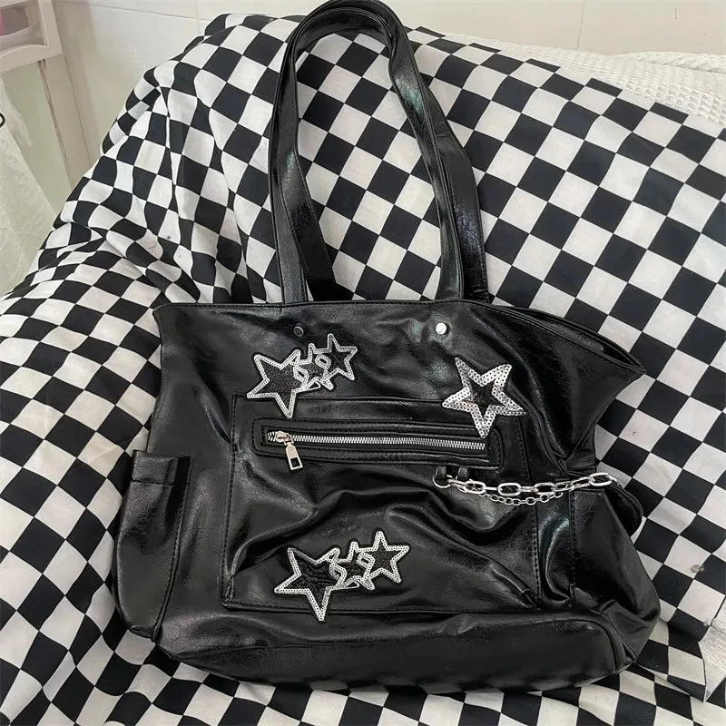 Uakiss PU Soft Leather Fashion Chain Handbags Women Y2k Aesthetic Star Sequined Shoulder Bags Vintage Streetwear Underarm Bag All Match
