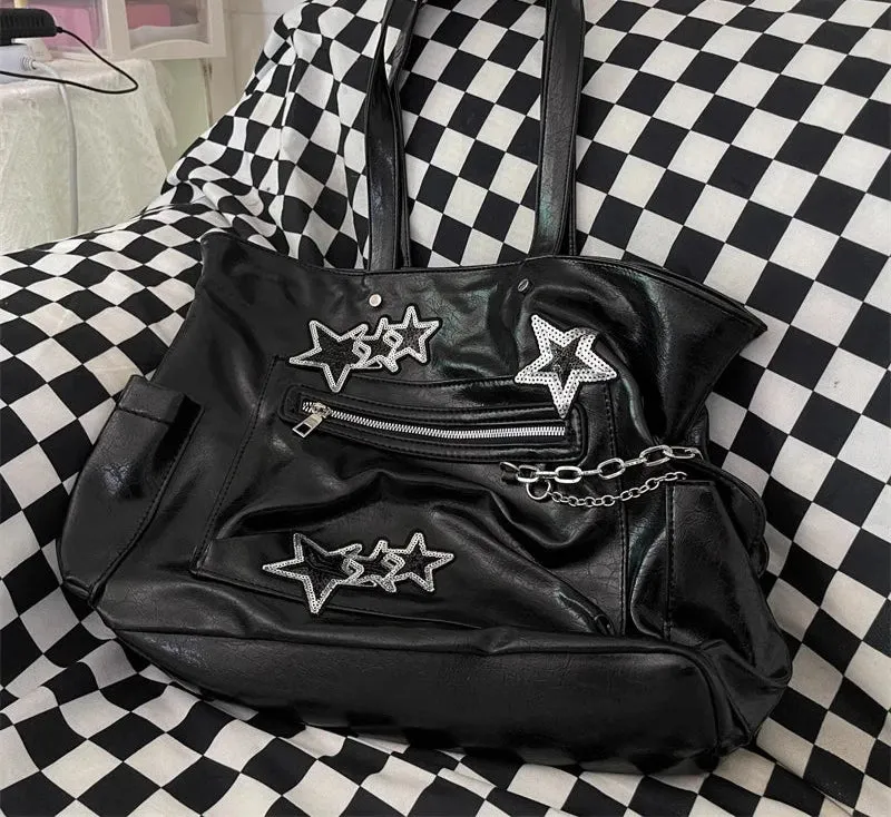 Uakiss PU Soft Leather Fashion Chain Handbags Women Y2k Aesthetic Star Sequined Shoulder Bags Vintage Streetwear Underarm Bag All Match
