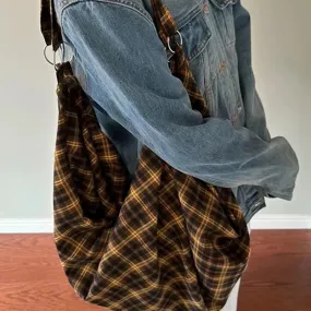 Uakiss Vintage Plaid Large Capacity Trendy Casual Tote Backpack Versatile Handbag Oversized Canvas Armpit Bag Scotland Style