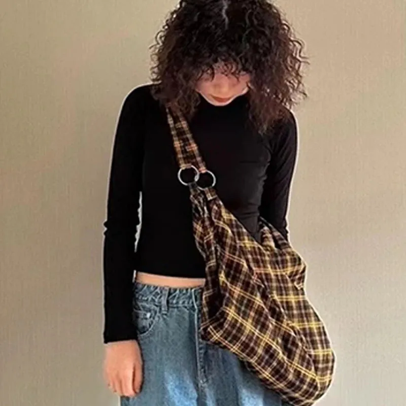 Uakiss Vintage Plaid Large Capacity Trendy Casual Tote Backpack Versatile Handbag Oversized Canvas Armpit Bag Scotland Style